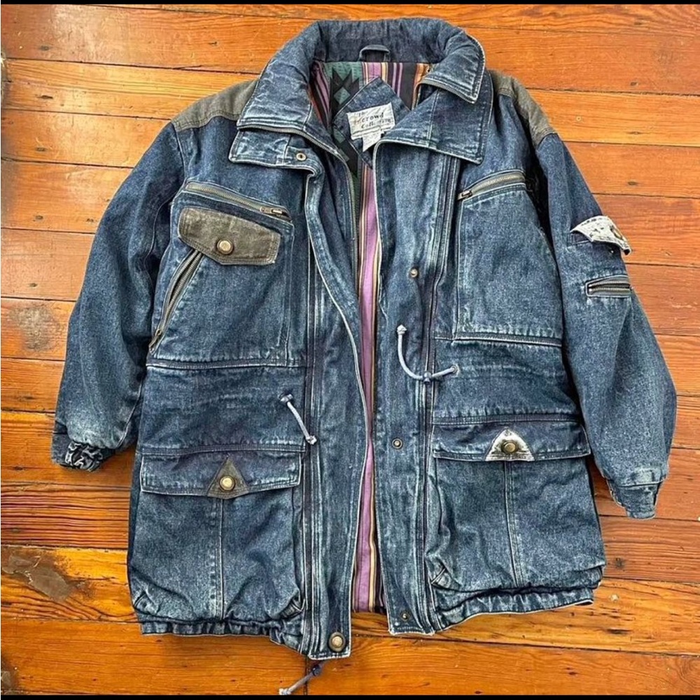 VTG 90s Acid Wash Denim Chore Jacket | Southwestern Aztec Lining Multi-Pocket